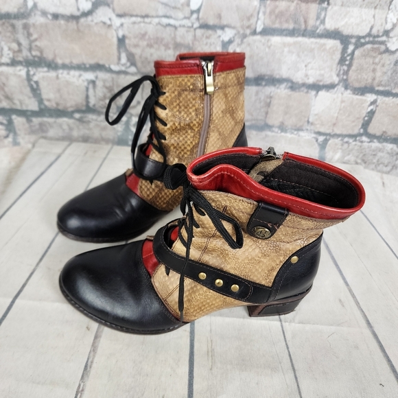 Spring Step L'ARTISTE 3 Tone Leather Ankle Boot Reptile Tan Black Size 37 - Picture 10 of 16